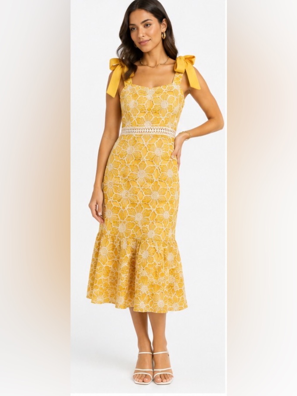 Just Me NWOT Yellow Floral Embroidered Tie Strap Midi Dress M